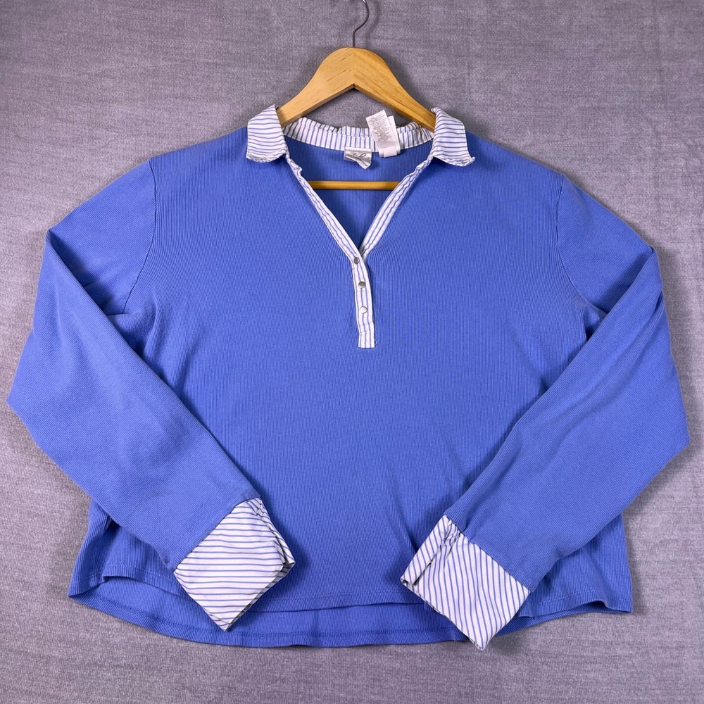 Emma James Ribbed Knit Striped Trim Henley Pullover Top Womens XL Blue Cotton
